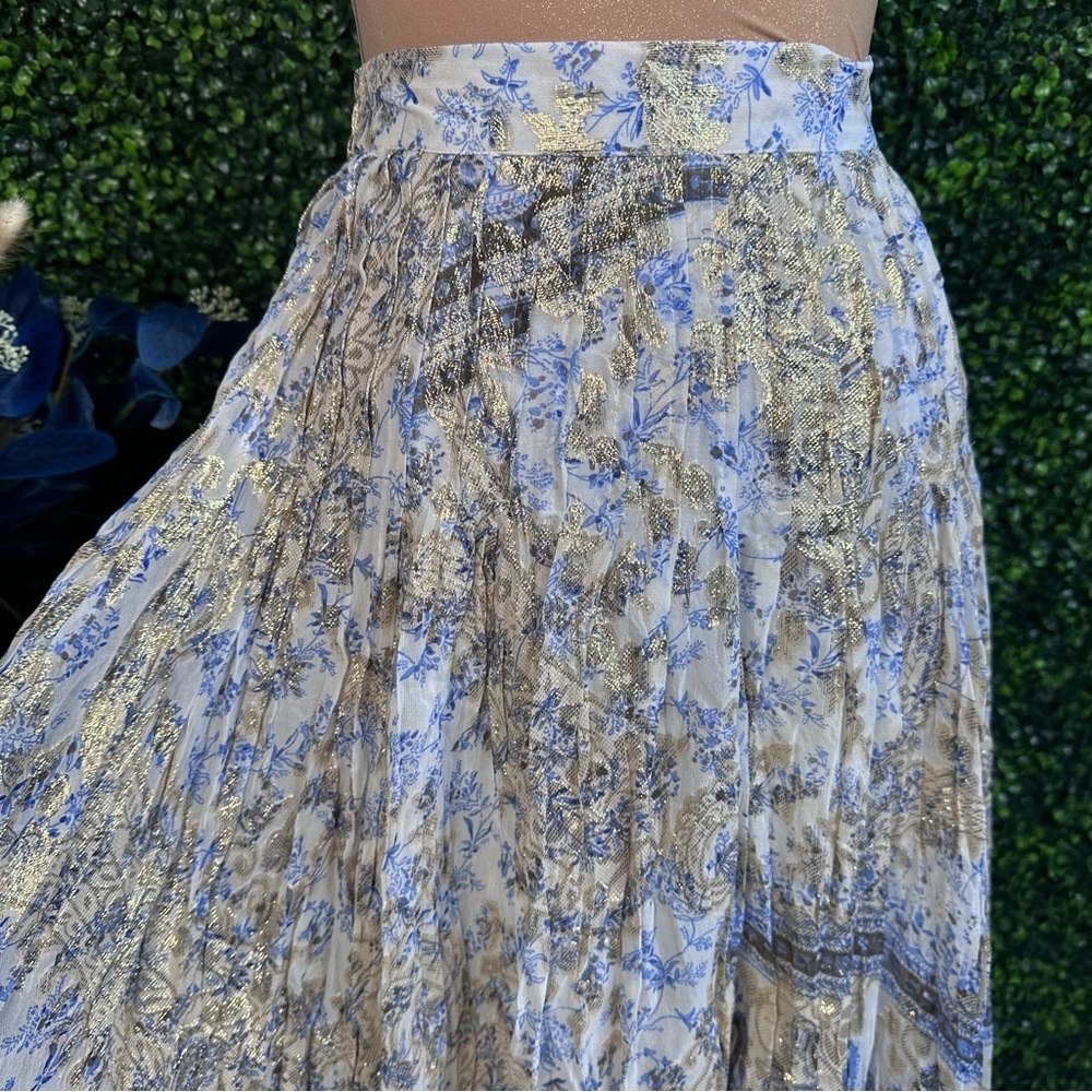 Soft‎ Surroundings silk blend blue paisley metalic gold Pleated Midi Skirt NWOT - Picture 5 of 13